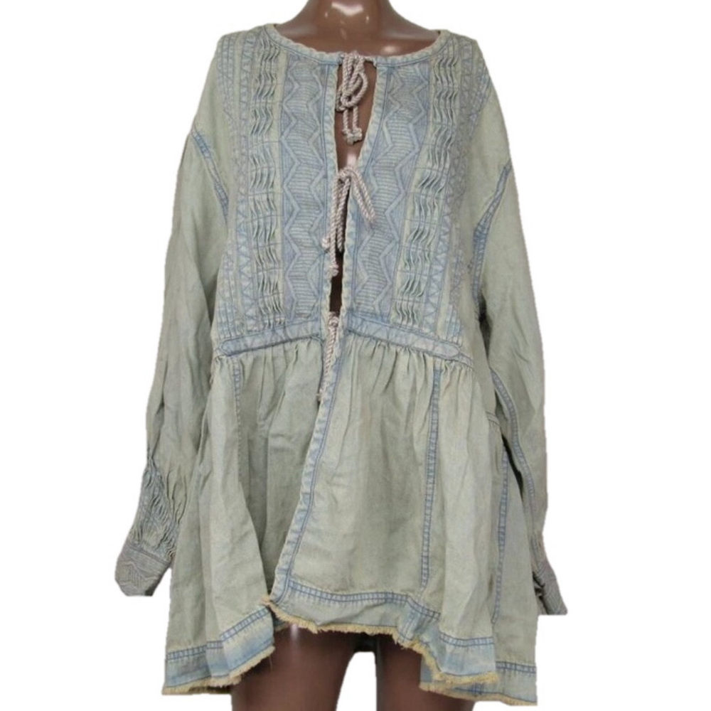 NEW FREE PEOPLE Women Sweet Summer Bed Jacket Light Blue Size XS Long Front Tie